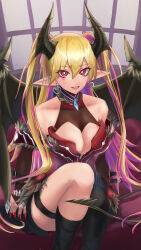 1girl absurdres arm_belt bare_shoulders black_bridal_gauntlets black_wings blonde_hair blue_gemstone boots breasts bridal_gauntlets bright_pupils cleavage cleavage_cutout clothing_cutout crystal demon_girl demon_horns demon_wings dress duel_monster ear_bar ear_piercing earrings fangs fingernails gem hair_between_eyes heart heart_earrings highres horns jewelry knee_up lacrima_the_scarlet_sorrow large_breasts light_smile long_eyelashes long_fingernails long_hair long_pointy_ears multicolored_hair nail_polish open_mouth piercing pink_hair pointy_ears red_dress red_eyes red_nails red_shirt runny_makeup shirt sitting solo supaarma_spis tail thigh_boots thigh_strap thighhighs two_side_up white_pupils wings yu-gi-oh!