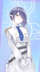 Rule 34 | 1girl, aoi (blue archive), belt, black belt, blue archive, blue hair, blue halo, blue necktie, closed mouth, collared jacket, commentary, cowboy shot, cropped jacket, dress, earrings, epaulettes, gloves, green eyes, halo, highres, jacket, jewelry, kapo, long sleeves, looking at viewer, mole, mole under eye, necktie, pointy ears, short hair, solo, symbol-only commentary, uniform, white dress, white gloves, white uniform