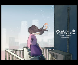 Rule 34 | 1girl, air conditioner, alternate hairstyle, border, braid, brown hair, cityscape, commentary request, copyright name, crossed arms, english text, faceless, full body, hair over eyes, long sleeves, madotsuki, medium hair, outdoors, pink shirt, purple skirt, railing, shirt, skirt, snow, solo, stairs, tamanoha (cookware), twitter username, yume nikki