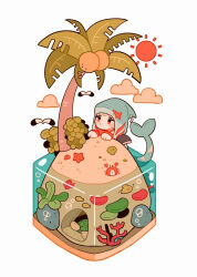 Rule 34 | 1boy, animal hood, bird, bubble, closed mouth, cloud, coconut, coral, crab, diorama, expressionless, fins, fish, fish tail, highres, hood, hood up, identity v, island, isometric, looking at object, looking up, male focus, naib subedar, naib subedar (sharkbite), official alternate costume, palm tree, partially submerged, red eyes, rock, seagull, seashell, seaweed, shark boy, shark hood, shark tail, shell, simple background, solo, starfish, sun, tail, tree, turtle, water, white background, whybe123