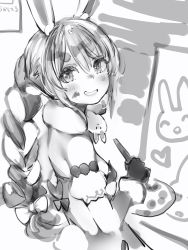 Rule 34 | 1girl, animal ear fluff, bad id, bad pixiv id, bare shoulders, blush, braid, detached sleeves, don-chan (usada pekora), dot nose, from side, greyscale, grin, highres, holding, hololive, long hair, looking at viewer, monochrome, multicolored hair, nanashi (nlo), painting (action), palette (object), puffy detached sleeves, puffy short sleeves, puffy sleeves, short eyebrows, short sleeves, smile, solo, thick eyebrows, twin braids, twintails, two-tone hair, usada pekora, usada pekora (1st costume), virtual youtuber