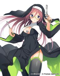 Rule 34 | 1girl, agent 7, bad id, bad pixiv id, black eyes, breasts, cleavage, donacoo, dual wielding, glasses, gun, handgun, holding, hood, jewelry, long hair, looking at viewer, necklace, nun, official art, original, pink hair, simple background, solo, weapon, white background, yuuhi homare