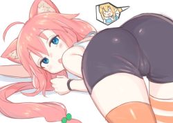 Rule 34 | 2girls, ahoge, all fours, animal ear fluff, animal ears, ass, asymmetrical legwear, bike shorts, blonde hair, blue eyes, blush, cat ears, cellphone, commentary request, from behind, hair bobbles, hair ornament, henry bird 9, hinata channel, long hair, looking back, low twintails, mirai akari, mirai akari project, mismatched legwear, multiple girls, nekomiya hinata, open mouth, orange legwear, outstretched arm, phone, pink hair, ponytail, short shorts, shorts, spoken character, striped clothes, striped legwear, striped thighhighs, sweatdrop, thighhighs, top-down bottom-up, twintails, vest, virtual youtuber, white vest, wristband