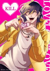 Rule 34 | 1boy, brown hair, ear piercing, hair between eyes, hair over one eye, heart, heart hands, highres, human bug daigaku, jacket, jewelry, long sleeves, looking at viewer, male focus, mazyogarinokuni, multicolored hair, necklace, open mouth, piercing, pink background, ring, shirt, solo, standing, streaked hair, twitter username, white shirt, yandere, yellow jacket