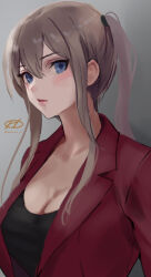 Rule 34 | 1girl, black shirt, blue eyes, breasts, cleavage, graf zeppelin (kancolle), grey background, grey hair, hair between eyes, haruto (harut n), jacket, kantai collection, large breasts, long hair, long sleeves, looking at viewer, one-hour drawing challenge, open clothes, parted lips, red jacket, shirt, sidelocks, simple background, solo, twintails, twitter username, upper body