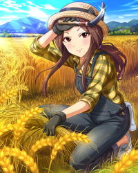 Rule 34 | 10s, 1girl, artist request, blue sky, blush, brown hair, crops, day, dirty, dirty clothes, gloves, hat, holding, idolmaster, idolmaster cinderella girls, komuro chinami, long hair, low ponytail, mountain, official art, outdoors, overalls, red eyes, sky, smile, solo, squatting, sunlight, sweat