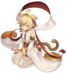 Rule 34 | 10s, 1girl, andira (granblue fantasy), animal ears, antenna hair, bare shoulders, barefoot, blonde hair, bow, breasts, brown hair, collarbone, commentary request, covered erect nipples, detached pants, detached sleeves, ear piercing, fur-trimmed sleeves, fur trim, gradient hair, granblue fantasy, hairband, hand on ankle, highres, knees together feet apart, large bow, long sleeves, looking at viewer, monkey ears, monkey tail, multicolored hair, orange eyes, piercing, sash, see-through, short hair, sideboob, simple background, sitting, small breasts, solo, striped, striped bow, tail, tareme, wariza, white background, wide sleeves, yn red