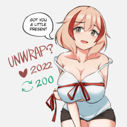 Rule 34 | 1girl, absurdres, azur lane, bare shoulders, black shorts, breast lift, breasts, brown eyes, camisole, collarbone, double strap slip, english text, hair between eyes, highres, large breasts, leaning forward, like and retweet, looking at viewer, meme, multicolored hair, parallelrey, red hair, red ribbon, ribbon, roon (azur lane), short hair, short shorts, shorts, simple background, solo, speech bubble, streaked hair, twitter strip game (meme), upper body, white background, white camisole