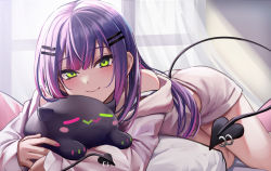 Rule 34 | 1girl, bare shoulders, blunt bangs, blush, closed mouth, curtains, demon tail, flower, green eyes, hair flower, hair ornament, hairclip, highres, hololive, indoors, long hair, long sleeves, looking at viewer, lying, multicolored hair, nail polish, off shoulder, open pajamas, pajamas, piercing, pink hair, pink nails, pink shorts, purple hair, shorts, smile, solo, streaked hair, stuffed toy, sunlight, tail, tail ornament, tail piercing, tokoyami towa, two-tone hair, virtual youtuber, window, wszkii