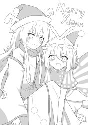 Rule 34 | 2girls, absurdres, antennae, antlers, blush, butterfly wings, detached sleeves, dress, eternity larva, fairy, greyscale, hair between eyes, hat, highres, horns, insect wings, leaf, leaf on head, lineart, long hair, matara okina, merry christmas, monochrome, multiple girls, open mouth, pom pom (clothes), reindeer antlers, santa hat, short hair, short sleeves, simple background, smile, tabard, touhou, white background, wide sleeves, wings, yu cha