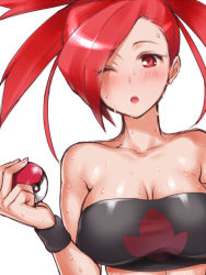 Rule 34 | 00s, 1girl, :o, adapted costume, alternate color, bandeau, blush, breasts, cleavage, creatures (company), flannery (pokemon), game freak, gym leader, hair over one eye, hizuki akira, holding, holding poke ball, large breasts, nintendo, one eye closed, open mouth, poke ball, pokemon, pokemon rse, red eyes, red hair, shiny skin, shirt, sketch, solo, strapless, sweat, taut clothes, taut shirt, tube top, upper body, wink, wristband