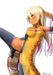 Rule 34 | 1girl, alternate costume, armpits, bare shoulders, blonde hair, breasts, center opening, china dress, chinese clothes, cleavage, commentary request, covered navel, detached sleeves, dress, eyes visible through hair, fighting stance, gluteal fold, hair between eyes, highres, kashisu mint, kemono friends, king cobra (kemono friends), leg up, long hair, medium breasts, multicolored hair, orange eyes, parted lips, pelvic curtain, platinum blonde hair, purple hair, see-through, shiny clothes, shiny skin, shoes, side slit, sleeveless, sleeveless dress, snake tail, solo, spread legs, tail, tan, thighhighs, tsurime, twintails, twitter username, two-tone hair, yellow dress