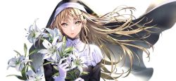 Rule 34 | 1girl, brown eyes, floating hair, flower, gloves, habit, highres, holding, holding flower, light brown hair, light particles, lily (flower), long hair, looking at viewer, nijisanji, nun, open mouth, simple background, sister claire, sister claire (1st costume), solo, tenobe, traditional nun, upper body, virtual youtuber, white background, white gloves