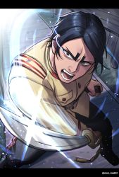 Rule 34 | 1boy, black eyes, black hair, fighting stance, frown, glowing, glowing eye, golden kamuy, highres, holding, holding sword, holding weapon, imperial japanese army, incoming attack, koito otonoshin, letterboxed, long sleeves, male focus, menma kozo, military, military uniform, motion blur, open mouth, parted bangs, sheath, solo, standing, sword, teeth, thick eyebrows, tongue, twitter username, uniform, weapon