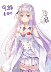 Rule 34 | 10s, 1girl, absurdly long hair, absurdres, bare shoulders, blush, breasts, character request, cleavage, closed mouth, dated, emilia (re:zero), hair ornament, hair ribbon, highres, holmemee, light purple hair, long hair, looking at viewer, medium breasts, purple eyes, re:zero kara hajimeru isekai seikatsu, ribbon, smile, solo, standing, thighhighs, very long hair, white thighhighs