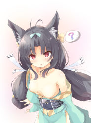 Rule 34 | 1girl, ?, absurdres, animal ears, antenna hair, azur lane, bare shoulders, bell, black hair, blush, breasts, collarbone, commentary request, fox ears, green kimono, hair bell, hair ornament, hair ribbon, highres, japanese clothes, jingle bell, kimono, long hair, long sleeves, looking at viewer, low twintails, nipples, obi, off shoulder, parted lips, red eyes, ribbon, sash, small breasts, solo, spoken question mark, tenjou ryuka, twintails, very long hair, white ribbon, wide sleeves, yuubari (azur lane)