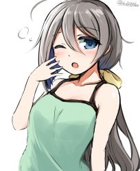 Rule 34 | 10s, 1girl, :o, ;o, ahoge, asymmetrical hair, bare arms, bare shoulders, blue eyes, blush, camisole, casual, don (29219), hair between eyes, hair ribbon, kantai collection, kiyoshimo (kancolle), long hair, looking at viewer, one eye closed, ribbon, silver hair, simple background, sleepy, sleeveless, solo, twitter username, upper body, white background