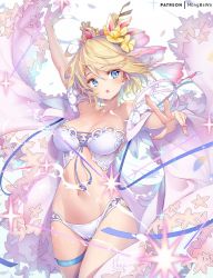 Rule 34 | 1girl, bare shoulders, blonde hair, blue eyes, breasts, collarbone, europa (granblue fantasy), europa (summer) (granblue fantasy), flower, granblue fantasy, hair between eyes, hair flower, hair ornament, hong (white spider), large breasts, open mouth, short hair, solo, swimsuit, tiara