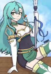 Rule 34 | 1girl, aqua hair, armor, black dress, blue sky, braid, breastplate, breasts, chloe (fire emblem), cleavage, cloud, commentary, covered navel, day, dress, earrings, elbow gloves, fire emblem, fire emblem engage, garter straps, gloves, green eyes, gyozart, highres, holding, holding polearm, holding weapon, jewelry, long hair, looking at viewer, nintendo, pencil dress, polearm, shoulder armor, sitting, sky, small breasts, smile, solo, thighhighs, thighs, very long hair, weapon, white gloves