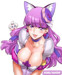 Rule 34 | 10s, 1girl, animal ears, blush, breasts, cat ears, choker, cleavage, commentary request, cure macaron, earrings, elbow gloves, extra ears, food-themed hair ornament, gloves, hair ornament, highres, jewelry, kirakira precure a la mode, kotozume yukari, large breasts, leaning forward, lips, long hair, macaron hair ornament, magical girl, pekorin (precure), precure, purple choker, purple eyes, purple hair, satou shouji, shiny skin, simple background, solo, teeth, tongue, tongue out, white background, white gloves
