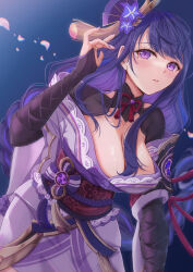Rule 34 | 1girl, absurdres, blue background, blunt bangs, blush, braid, breasts, bridal gauntlets, choker, cleavage, collarbone, falling petals, flower, genshin impact, hair ornament, hand up, highres, japanese clothes, kimono, large breasts, leaning forward, lips, long hair, looking to the side, low-braided long hair, low-tied long hair, low neckline, minausa, mole, mole under eye, obi, obiage, obijime, parted bangs, parted lips, petals, purple eyes, purple flower, purple hair, purple kimono, purple nails, raiden shogun, red ribbon, ribbon, ribbon choker, sash, shrug (clothing), sidelocks, solo, tomoe (symbol)