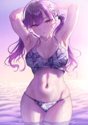 1girl absurdres ahoge armpits arms_behind_head arms_up bikini breasts butterfly_hair_ornament collarbone gakuen_idolmaster hair_ornament highres idolmaster kaya_rinha large_breasts long_hair looking_at_viewer misanga_(hxjd5354) navel purple_bikini purple_hair solo stomach swimsuit twintails water