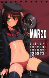 Rule 34 | 1girl, animal ears, blush, breasts, brown hair, calendar, crop top, federica n. doglio, gas mask, green eyes, italian text, mask, medium breasts, no pants, one eye closed, panties, red panties, sailor collar, shimada fumikane, solo, strike witches, strike witches: kurenai no majo-tachi, thighhighs, underboob, underwear, wink, world witches series
