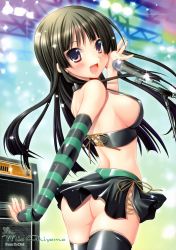Rule 34 | 00s, 1girl, :d, absurdres, akiyama mio, alto seneka, amplifier, ass, black hair, black thighhighs, blue eyes, blush, breasts, character name, copyright name, cowboy shot, detached sleeves, diffraction spikes, from behind, green nails, highres, idol, k-on!, long hair, looking at viewer, looking back, medium breasts, microphone, microphone stand, microskirt, miniskirt, nail polish, no panties, open mouth, pink eyes, shiny skin, sideboob, skindentation, skirt, sleeves past wrists, smile, solo, sparkle, strap gap, striped, striped sleeves, thighhighs, twisted torso