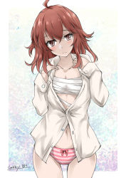 Rule 34 | 1girl, ahoge, arashi (kancolle), breasts, brown eyes, collarbone, commentary request, cowboy shot, dress shirt, gakky, head tilt, kantai collection, long sleeves, looking at viewer, medium breasts, one-hour drawing challenge, panties, red hair, sarashi, shirt, solo, striped clothes, striped panties, underwear, white shirt