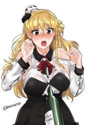 Rule 34 | 1girl, alcohol, ascot, black eyes, blonde hair, blush, bottle, braid, breasts, collared shirt, dongsa wonhyong, eyelashes, hair between eyes, hands up, highres, kantai collection, large breasts, long hair, long sleeves, looking down, nose blush, off-shoulder shirt, off shoulder, open mouth, palms, red ascot, sexually suggestive, shirt, side braid, simple background, single braid, sleeve cuffs, solo, teeth, thick eyebrows, tongue, twitter username, white background, white shirt, wine, wine bottle, zara (kancolle)