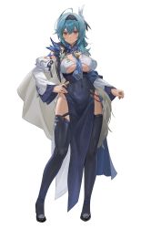 Rule 34 | 1girl, :/, absurdres, alternate costume, aqua hair, asymmetrical hair, bad id, bad twitter id, between breasts, black hairband, blush, boots, breasts, brown eyes, closed mouth, covered navel, detached sleeves, eula (genshin impact), full body, genshin impact, hair ornament, hairband, hand on own hip, highres, large breasts, legs, long sleeves, panty straps, pelvic curtain, side slit, simple background, skindentation, solo, tassel, thigh boots, thighhighs, white background, wide sleeves, zutsuyaku