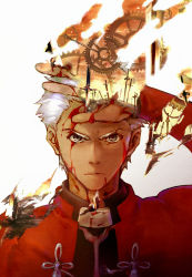 Rule 34 | 1boy, archer (fate), blood, blood on face, crimo, dark-skinned male, dark skin, double exposure, fate/stay night, fate (series), gears, male focus, solo, sword, unlimited blade works (fate), weapon, white hair