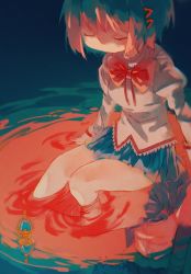 Rule 34 | 1girl, absurdres, arms at sides, blue hair, blue skirt, bow, bowtie, closed eyes, feet out of frame, hair ornament, hairclip, highres, kumo02, limited palette, long sleeves, mahou shoujo madoka magica, mahou shoujo madoka magica (anime), miki sayaka, miniskirt, puffy long sleeves, puffy sleeves, red bow, red bowtie, reflection, reflective water, school uniform, shirt, short hair, sitting, skirt, soaking feet, solo, soul gem, yellow shirt