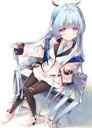 Rule 34 | 1girl, arikawa satoru, black pantyhose, blue archive, blue necktie, boots, breasts, collared shirt, desk, formal, grey hair, hair between eyes, halo, hand in own hair, headphones, highres, holding, holding own hair, jacket, large breasts, long hair, long sleeves, looking at viewer, mechanical halo, necktie, noa (blue archive), on desk, open clothes, open jacket, pantyhose, pleated skirt, purple eyes, school desk, shirt, simple background, sitting, skirt, smile, solo, suit, very long hair, white background, white jacket, white skirt, white suit