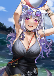 Rule 34 | 1girl, absurdres, animal ears, armpits, arms up, ball, beachball, between breasts, black choker, black one-piece swimsuit, blush, bracelet, breasts, choker, cleavage, commentary request, cowboy shot, ear ornament, eyewear on head, gold ship (run revolt launcher) (umamusume), gold ship (umamusume), grey hair, highres, holding, holding ball, holding beachball, horse ears, horse girl, horse tail, jewelry, large breasts, long hair, official alternate costume, one-piece swimsuit, open mouth, outdoors, pendant choker, pink eyes, po musubi, smile, solo, strap between breasts, swimsuit, tail, teeth, umamusume, upper teeth only, wet