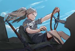 Rule 34 | 1girl, blonde hair, blue eyes, blue sky, closed mouth, copyright request, day, driving, grey jacket, grey shorts, grin, gun, jacket, ponytail, rifle, short sleeves, shorts, sitting, sky, smile, solo, steering wheel, treeware, weapon