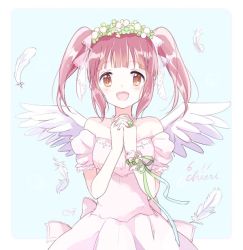 Rule 34 | 10s, 1girl, :d, angel wings, arm ribbon, bad id, bad twitter id, bare shoulders, blush, brown eyes, brown hair, clover, dress, feathers, flower, four-leaf clover, hair flower, hair ornament, hair ribbon, holding hands, idolmaster, idolmaster cinderella girls, mei (maysroom), ogata chieri, open mouth, own hands clasped, own hands together, ribbon, smile, solo, strapless, strapless dress, twintails, white dress, wings, wristband