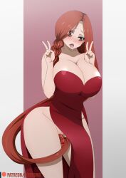 Rule 34 | 1girl, alternate costume, artist name, breast focus, breast tattoo, breasts, chest tattoo, cleavage, clothes lift, curvy, dildo, dress, elbow gloves, fairy tail, female focus, flare corona, gloves, hand on own hip, highres, huge breasts, lipstick, long hair, looking at viewer, makeup, masturbation, matching hair/eyes, navel, panties, pussy, red dress, red eyes, red hair, revealing clothes, sex toy, shiny skin, solo, standing, tattoo, thick thighs, thighs, underwear, very long hair, wide hips