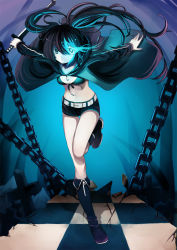 Rule 34 | 10s, 1girl, bad id, bad pixiv id, bikini, bikini top only, black hair, black rock shooter, black rock shooter (character), blue eyes, boots, chain, coat, female focus, fire, fire, full body, glowing, glowing eyes, highres, long hair, navel, ovos, scar, shorts, smile, solo, swimsuit, sword, weapon
