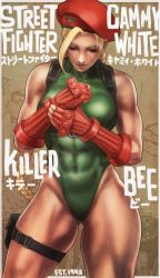 1girl abs blonde_hair breasts cammy_white fingerless_gloves gloves hat highleg highleg_leotard highres large_breasts leotard long_hair monori_rogue muscular muscular_female sleeveless street_fighter