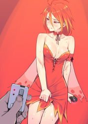 Rule 34 | 10s, 1girl, amagi brilliant park, bare shoulders, blurry, blush, breasts, bubuzuke, choker, depth of field, dress, dress tug, legs together, microphone, phone, pout, pov, red background, red dress, red eyes, red hair, remote control vibrator, salama (amaburi), sex toy, short dress, short hair, simple background, solo focus, sweat, vibrator
