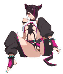 Rule 34 | 1girl, aqua nails, baggy pants, bare shoulders, black gloves, black hair, blunt bangs, blush, bracelet, breasts, collar, cone hair bun, fingerless gloves, fingernails, gloves, hair bun, hair horns, hair over one eye, han juri, highres, jason kim, jewelry, looking at viewer, medium breasts, multicolored hair, nail polish, navel, one eye covered, pants, purple hair, red eyes, revealing clothes, simple background, sitting, smile, solo, spiked anklet, spiked bracelet, spiked collar, spikes, spread legs, streaked hair, street fighter, street fighter 6, toenail polish, toenails, white background