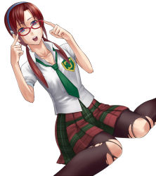 Rule 34 | 00s, 1girl, adjusting eyewear, blue eyes, dutch angle, evangelion: 2.0 you can (not) advance, female focus, glasses, hairband, long hair, makinami mari illustrious, necktie, neon genesis evangelion, pantyhose, plaid, plaid skirt, rebuild of evangelion, red hair, simple background, sitting, skirt, solo, torn clothes, torn pantyhose, twintails, wariza, white background