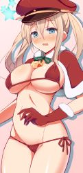 Rule 34 | 10s, 1girl, 9law, bikini, blonde hair, blue eyes, blush, breasts, christmas, female focus, gloves, graf zeppelin (kancolle), hair between eyes, hat, highres, kantai collection, large breasts, long hair, looking at viewer, open mouth, red bikini, santa hat, side-tie bikini bottom, sidelocks, solo, swimsuit, twintails
