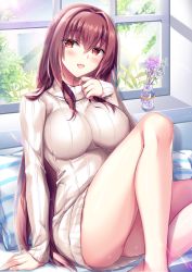 Rule 34 | 1girl, :d, bare legs, blush, breasts, commentary request, day, dress, fate/grand order, fate (series), feet out of frame, fukase ayaka, hand on own chest, indoors, knee up, large breasts, long hair, long sleeves, looking at viewer, open mouth, pillow, purple hair, red eyes, ribbed sweater, scathach (fate), sitting, sleeves past wrists, smile, solo, straight hair, sweater, sweater dress, vase, very long hair, white dress, white sweater, window, windowsill