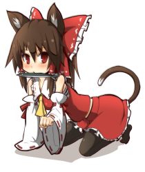 Rule 34 | 1girl, all fours, animal ears, bare shoulders, bow, brown eyes, brown hair, cat ears, cat tail, detached sleeves, fish, food, food in mouth, hair bow, hair tubes, hakurei reimu, long hair, simple background, solo, tail, touhou, white background, wide sleeves, yogurt bakudan