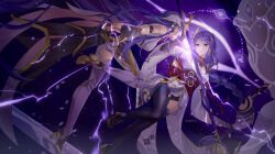 2girls absurdres arm_up armor artist_name black_panties black_thighhighs braid breasts bridal_gauntlets celtreny cleavage closed_mouth commentary_request doll_joints dual_persona electricity engulfing_lightning_(genshin_impact) floating from_side genshin_impact hair_ornament highres holding holding_polearm holding_weapon japanese_armor japanese_clothes joints kimono long_braid long_hair long_sleeves looking_to_the_side mitsudomoe_(shape) mole mole_under_eye multiple_girls musou_isshin_(genshin_impact) neck_ribbon off_shoulder panties polearm purple_background purple_eyes purple_hair purple_kimono raiden_shogun raiden_shogun_(magatsu_mitake_narukami_no_mikoto) red_ribbon red_sash ribbon sash shoulder_armor single_braid thighhighs thighs tomoe_(symbol) underwear weapon wide_sleeves