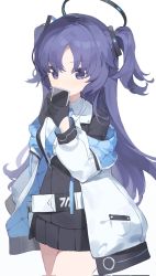 Rule 34 | belt, belt pouch, blue archive, blue necktie, collared shirt, formal, gloves, half gloves, highres, jacket, meunhongcha, miniskirt, necktie, off shoulder, open clothes, open jacket, parted bangs, pleated skirt, pouch, purple eyes, purple hair, shirt, sidelocks, skirt, suit, two-sided fabric, two-sided jacket, two side up, white belt, white shirt, yuuka (blue archive)