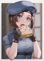 Rule 34 | 1girl, beret, blue eyes, blue hat, blue shirt, blush, brown gloves, brown hair, commentary, english commentary, fingerless gloves, food, gloves, hat, highres, holding, holding food, holster, jill valentine, looking at viewer, open mouth, police, police hat, police uniform, policewoman, resident evil, sandwich, shirt, short hair, short sleeves, shoulder holster, sinau, solo, underbust, uniform, watch, wristwatch