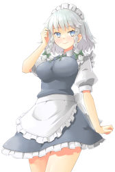 Rule 34 | 1girl, apron, arnest, blue eyes, blush, bow, braid, breasts, cowboy shot, dress, frilled apron, frills, from below, green bow, hair bow, highres, izayoi sakuya, large breasts, looking at viewer, maid, maid apron, maid headdress, puffy short sleeves, puffy sleeves, shirt, short hair, short sleeves, simple background, skirt, smile, solo, thighs, touhou, twin braids, waist apron, white apron, white background